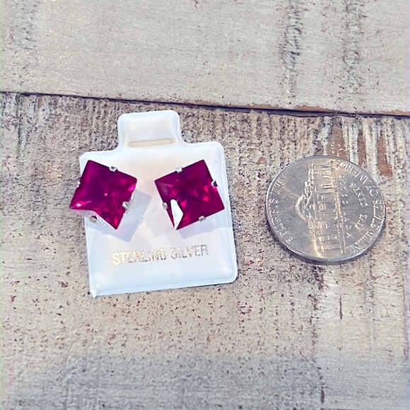 Lab Created Ruby Square Stud Earrings ; 9 mm. Set in Sterling/gold overlay. - Picture 1 of 5